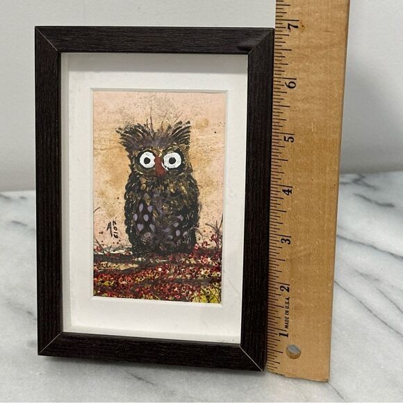 Framed Owl Art Painting signed - Black and Brown - Picture 8 of 13